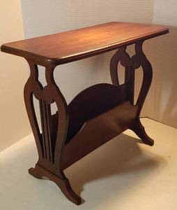 lot 236 image: Vintage Lyre Style Magazine Rack Side Table  24 x 12 x 21 in. tall  looks to have been repaired