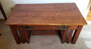 lot 238 image: Vintage Mission Style Oak Coffee Table wSingle Drawer  42.25 x 23.5 x 18.75 in. tall  wear crack on top  see pix