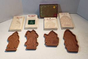 lot 240 image: 4 Longaberger Christmas Cookie Molds 1990 to 1993  Father Christmas, Kriss Kringle, Santa Claus and St. Nick and Box of Holiday Greetings Cards