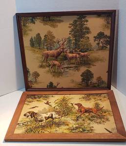 lot 243 image: 2 Vintage Framed 3D Tapestry Artwork  Deer  23.5 x 20.5 in. and Hunting Dogs  24.5 x 18 in.