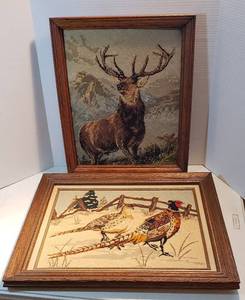 lot 244 image: 2 Vintage Framed Needlework Artwork  Elk in the Mountains  19 x 22.5 in. and Ring-neck Pheasants in Snow  25 x 21 in.