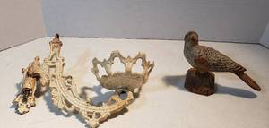 lot 249 image: Vintage Cast Iron Items Wall Sconce for Oil Lamp and Bird