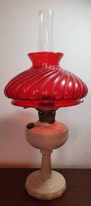 lot 272 image: Tall Lincoln Drape Aladdin Oil Lamp wNu-type Model B Mantle Burner and Red Flashed-on Glass Shade  25 in. tall