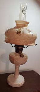 lot 273 image: Aladdin Tall Lincoln Drape Oil Lamp wNu-type Model B Mantle Burner and Floral Glass Shade (one chip on rim of shade)  25 in. tall