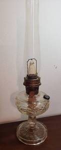 lot 279 image: Aladdin Clear Glass Washington Drape Oil Lamp wModel 23 Mantle Burner  23.75 in. tall