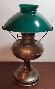 lot 285 image: Rayo Brushed Metal Oil Lamp w Green Glass Shade (no Chimney)  15.5 in. tall