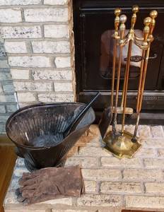 lot 298 image: Fireplace Tool Set, Coal Bucket and Shovel and Leather Gloves