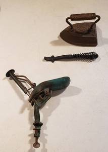 lot 300 image: Antique Home Cherry Stoner, Ideal Stove Plate Handle and No. 8 Sadd Iron