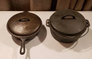 lot 304 image: 2 No. 8 Cast Iron Pans Lidded Deep Side Skillet and Dutch Oven wWire Bail Handle