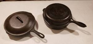 lot 305 image: Wagner Ware Cast Iron No. 8 Skillet w lid and 2 pc. No. 8 Dutch Oven