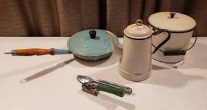 lot 311 image: Vintage WhiteBlack Enamelware (Lidded Pot & Coffee Pot), Teal Wooden Handled Cast Iron Skillet w lid, Tongs and Ace Knife Sharper