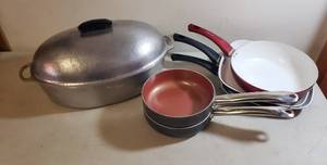 lot 329 image: Hammered Club Aluminum Lg. Roaster, 3 Frigidaire Non-stick Skillets, and 2 Copper Non-stick Pots
