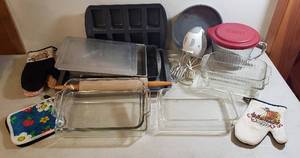 lot 338 image: Baking Pans (Metal, Pyrex, Anchor Ovenware), Anchor Mixing Bowl, Hand Blender, Rolling Pin, and Pot Holders