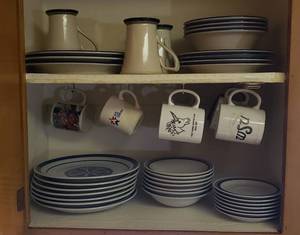 lot 341 image: Everyday Stoneware Dishes, Coffee Cups and Drinking Glasses (glass & plastic)  Bring boxes to load out