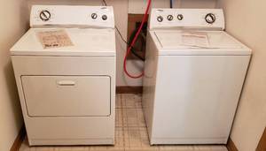 lot 351 image: Whirlpool Washer & Dryer Set  Washer 27 x 25. 5 x 42.5 in. tall and Dryer 29 x 28 x 42.5 in. tall. Both WORK as they should