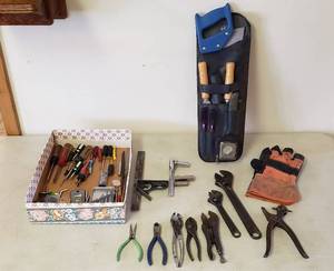 lot 364 image: Household Tools Saws, Wrenches, Pliers, Gloves, Screwdrivers, Files, and Leather Punch