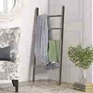 lot 27153 image: RHF 48 Wood Blanket Ladder, Decorative Ladder Shelf, Leaning Shelf, Ladder for Bedroom Living Room Bathroom, Rustic Farmhouse Wooded Ladder, Brown