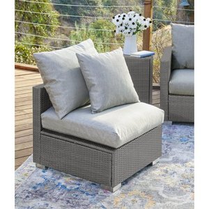lot 27470 image: Handy Living Aldrich Outdoor Grey Open Weave Rattan Armless Chair with Sunbelievable Taupe Cushions