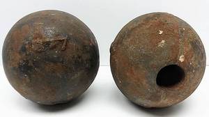 lot 304 image: Lot of 2 Cannonballs () 5 78 Diameter & Each Weighs Approx 28 lbs