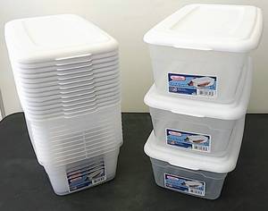 lot 307 image: Lot of 15 Sterilite 6-Quart (5.7 L) Storage Boxes - Clear wWhite Lid