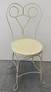 lot 311 image: Adorable Vintage Bistro Chair - Cream Painted Wrought Iron wWooden Seat