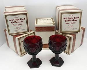 lot 316 image: Lot of 5 Vintage AVON 1876 Cape Cod Collection Water Goblets in Original Boxes - Ruby Red Glass