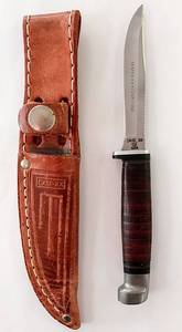 lot 325 image: Case XX USA (1965-69), Stacked Leather, M3F - Tested XX Razor Edge - Fixed Blade Sheath Knife - Stacked Leather Handle in Original Leather Sheath