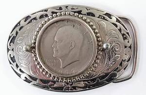 lot 327 image: 1977 Ike Eisenhower Liberty Dollar Coin Belt Buckle - Made in the USA
