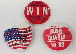 lot 328 image: 3 Vintage Metal Election Pins - Senator Dole & President Ford 1974 Wichita, KS, Ross Perot & Bush Quayle 88