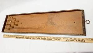 lot 355 image: Vintage Arcade Toy Bowling Game - Wooden Bowling Alley & Pins (Missing 1 Pin) 30 x 7.5