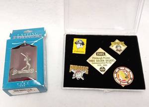 lot 365 image: Pittsburgh Pirates Three Golden Decades Commemorative Pin Set 1970 - 2000  Bonus Pewter Baseball Figure
