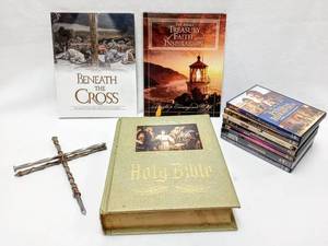 lot 387 image: Religious Books, Bible, & DVD Lot  Bonus Metal Cross