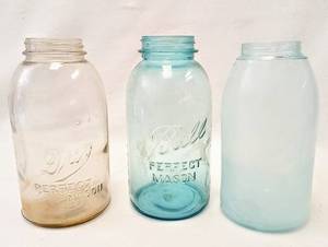 lot 395 image: Vintage Lot of 3 Glass Mason Jars - 9 & 9.5 Tall - 2 Ball Blue Glass & 1 Drey Clear Glass