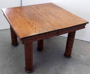 lot 199 image: Beautiful Antique Tiger Oak - Square Five Leg Table - Extends & with Castors