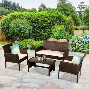 lot 204 image: Goplus Rattan 4 Pc Outdoor Furniture Set - Sofa, Chairs, Cushions & Table for Garden, Yard, Patio or Balcony �� Missing Hardware
