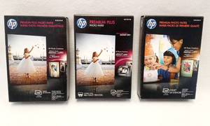 lot 232 image: Lot of 3 HP Premium Plus Photo Paper - 4 x 6 - High Gloss & Glossy - 100 x Sheet - 2 Sealed Boxes & 1 Partial
