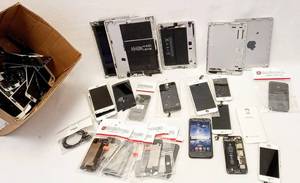 lot 235 image: Box of Smart Phone & IPad Parts & Broken Pieces - Multiple Brands, Majority is Apple