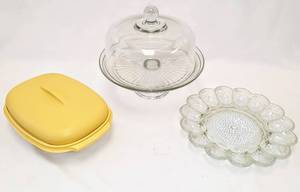 lot 249 image: Kitchen Lot - Glass Cake Plate wLid, Glass Develed Egg Tray & Vintage Tupperware Container