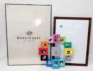 lot 250 image: Wall Decor Lot - 20 x 28 Hobby Lobby Plastic Frame (Sealed), Dry EraseMagnetic Board & Photo Frame Clock (Clock not Working)