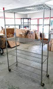 lot 253 image: Rolling Metal Cart wFive Adjustable Shelves - 64 H x 4 W x 18 D (Wheels Needs Repaired)