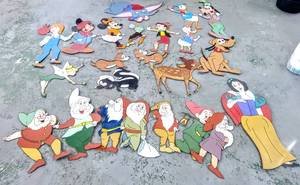lot 276 image: 23 Vintage Disney Characters Homemade Cut-Outs - Including Snow White & the 7 Dwarfs, Bambi, Pinocchio & More