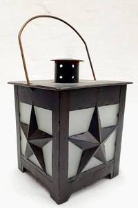 lot 281 image: Metal Luminous Hanging LanternCandle Holder wTexas Stars - 12 x 7 x 7