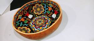 lot 1031 image: Hand beaded Native American gourd bowl 9 in diameter