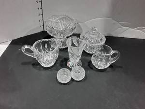 lot 1114 image: 8 pcs. of miscellaneous crystal items. Cream and sugar set candy dish and other miscellaneous