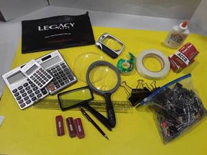 lot 1126 image: Miscellaneous office supplies, 3 Magnifying glasses 3 calculators and other random items