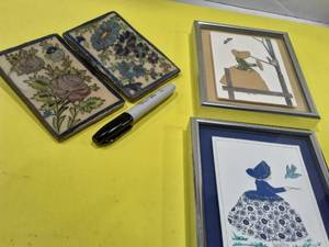 lot 1144 image: 2 framed art and 2 painted tiles