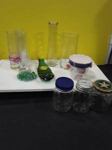 lot 1516 image: Miscellaneous glassware vases, jars flower pot and a smashedcracked Squirt bottle