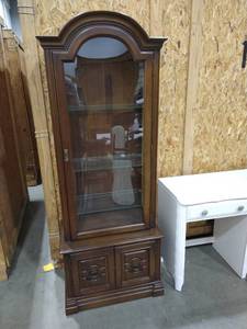 lot 2029 image: Wooden 3 shelves 2 cabinets display case 74 x 28 x 16 in.