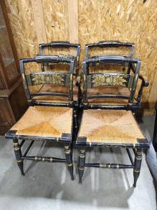 lot 2032 image: Black and gold painted set of 4 kitchen chairs (1 has arms)