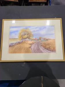 lot 2051 image: Jean Shellito Back Road watercolor framed art 19 x 26 12 x 1 in.